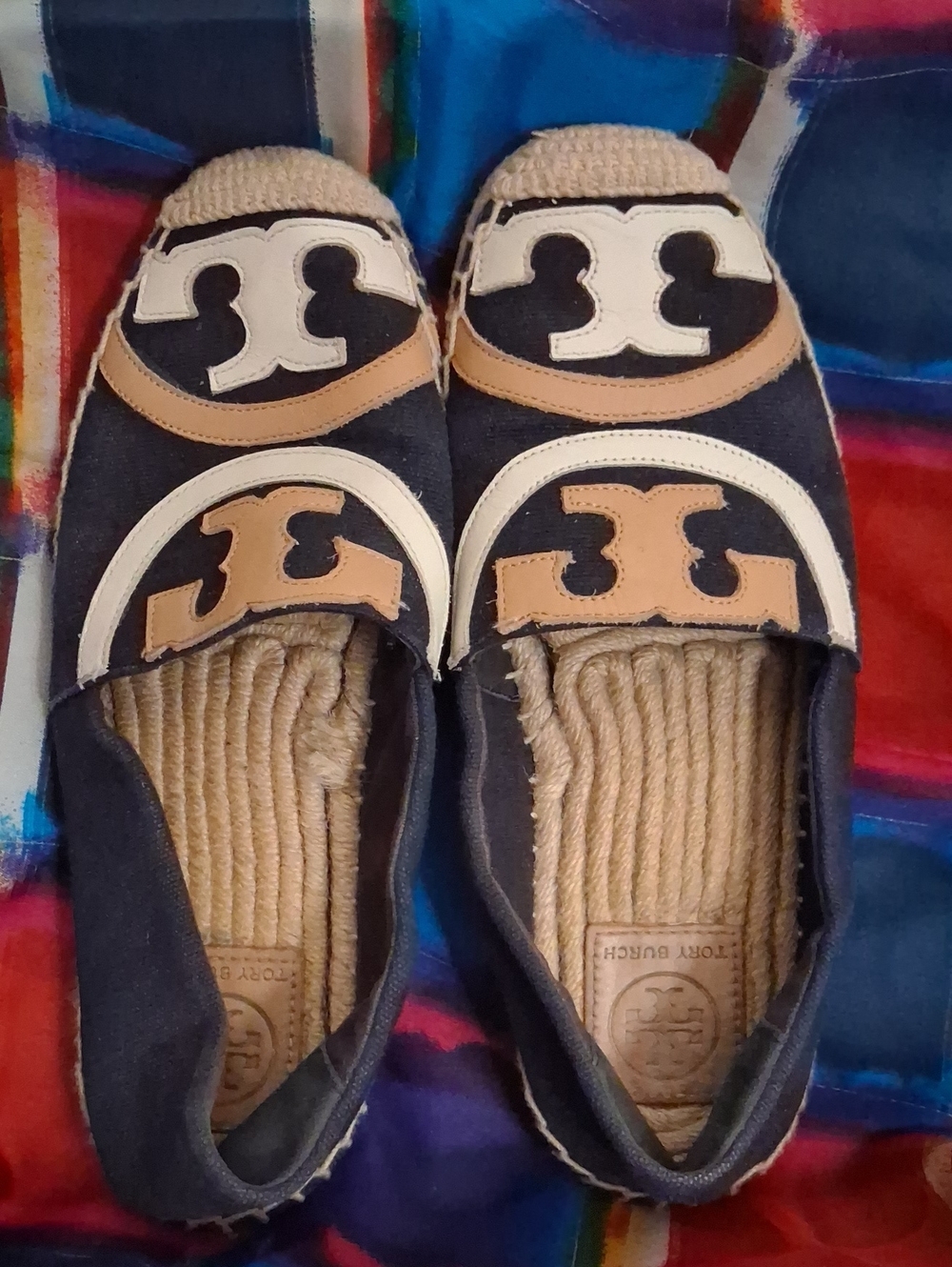 Tory Burch Kids Navy and Tan Logo Slip-On Moccasins